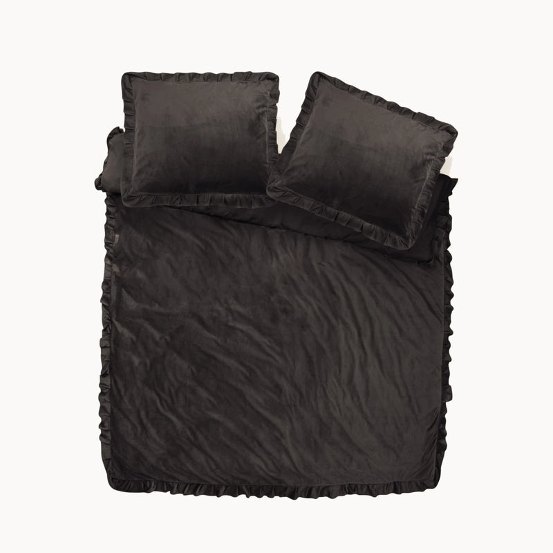 Bettwäsche Set Doppelbett Velvet Ruffle Schwarzbraun Samt